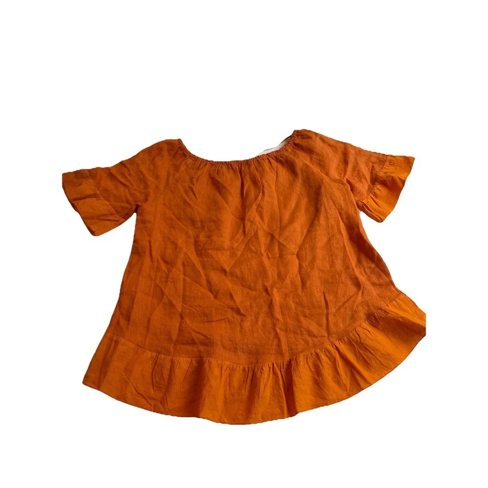 Terzo Millennio Italy 100% Linen Ruffle Top Orange Minimalist Coastal Peasant M - Picture 6 of 6